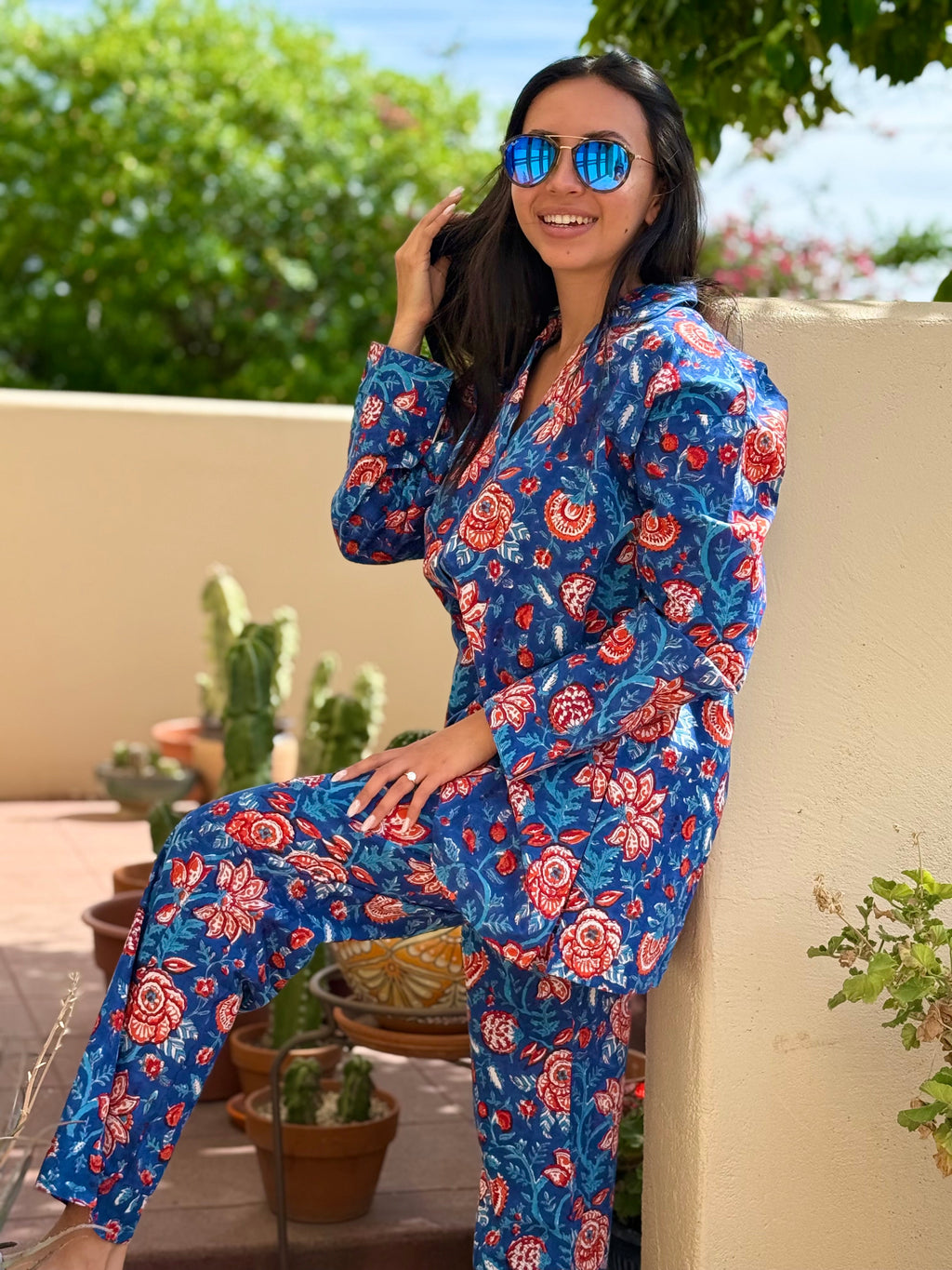 Bengaluru Blue Cotton Floral Pajamas Store Credit