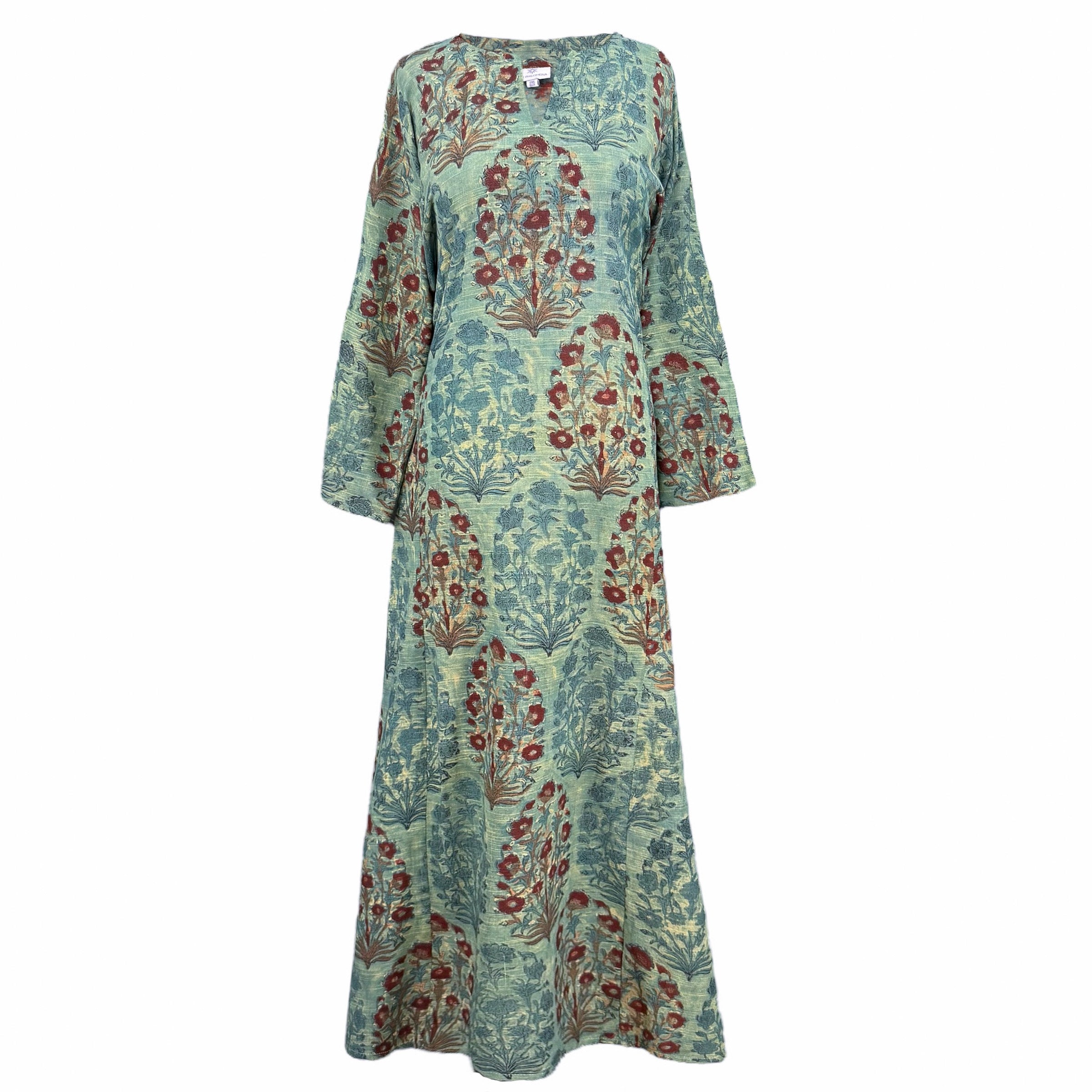 Sage Green Floral Long Tunic Dress Khadi Cotton Limited Edition
