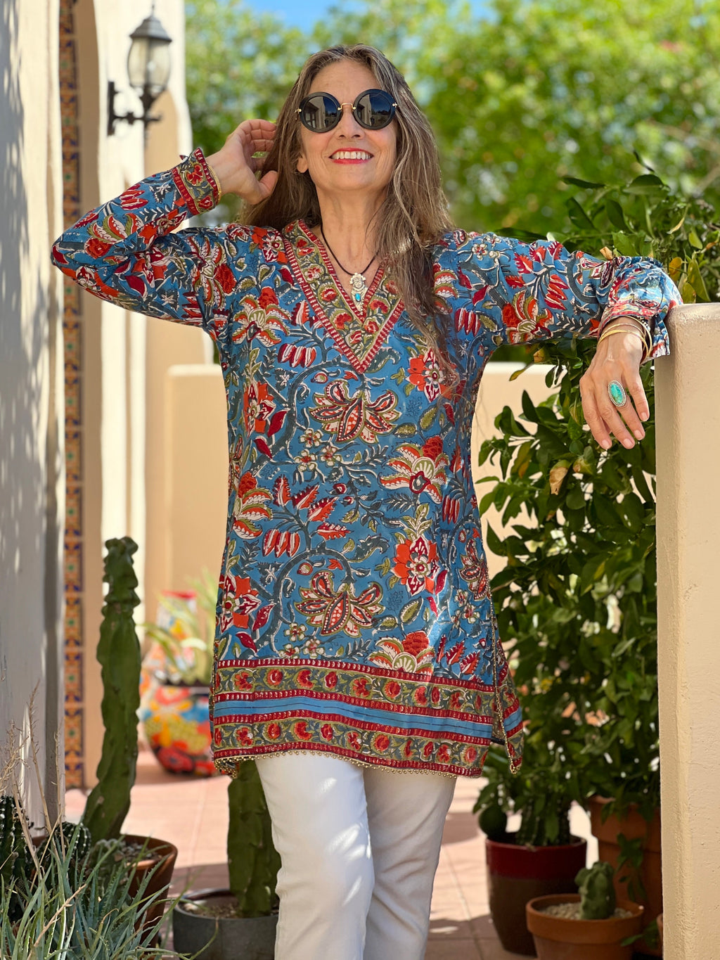 Fleury Blue Floral Cotton Tunic