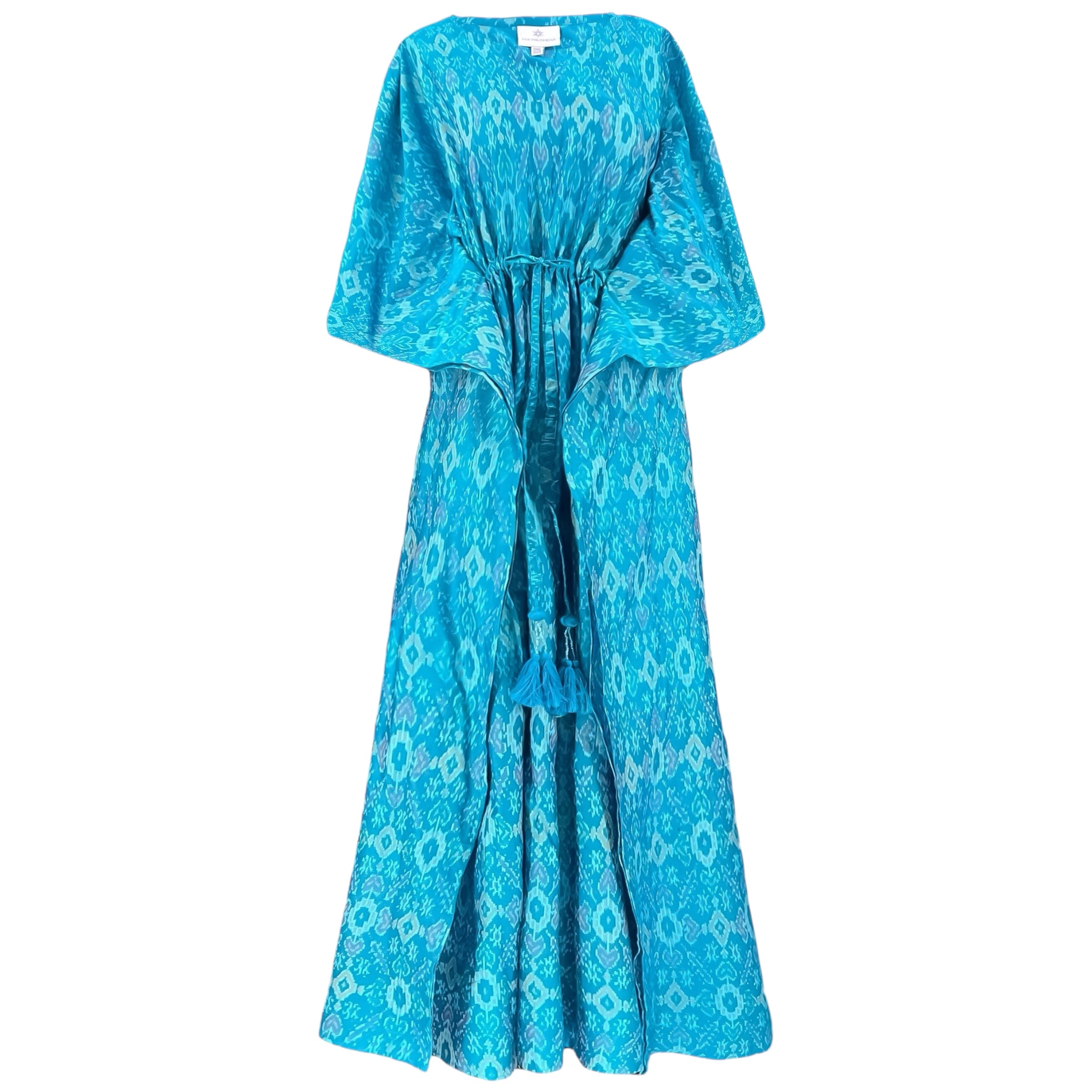 Tejas Turquoise Silk Cotton Ikat Maxi Kaftan Dress
