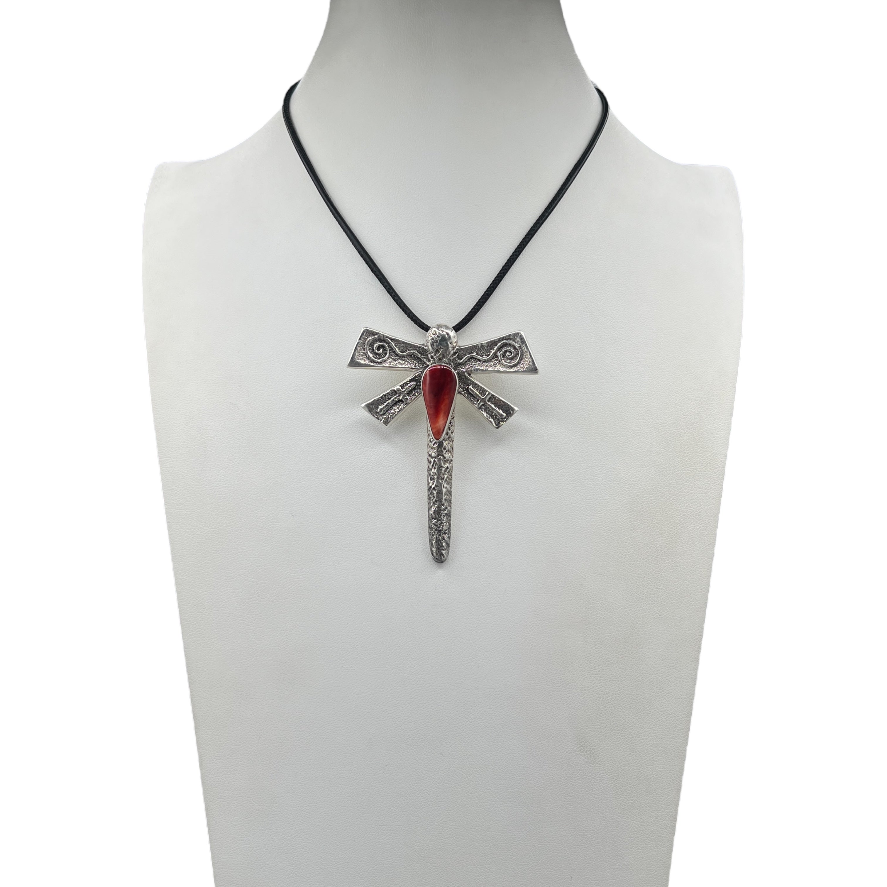 Navajo Silver and Red Spiny Oyster Dragonfly Necklace