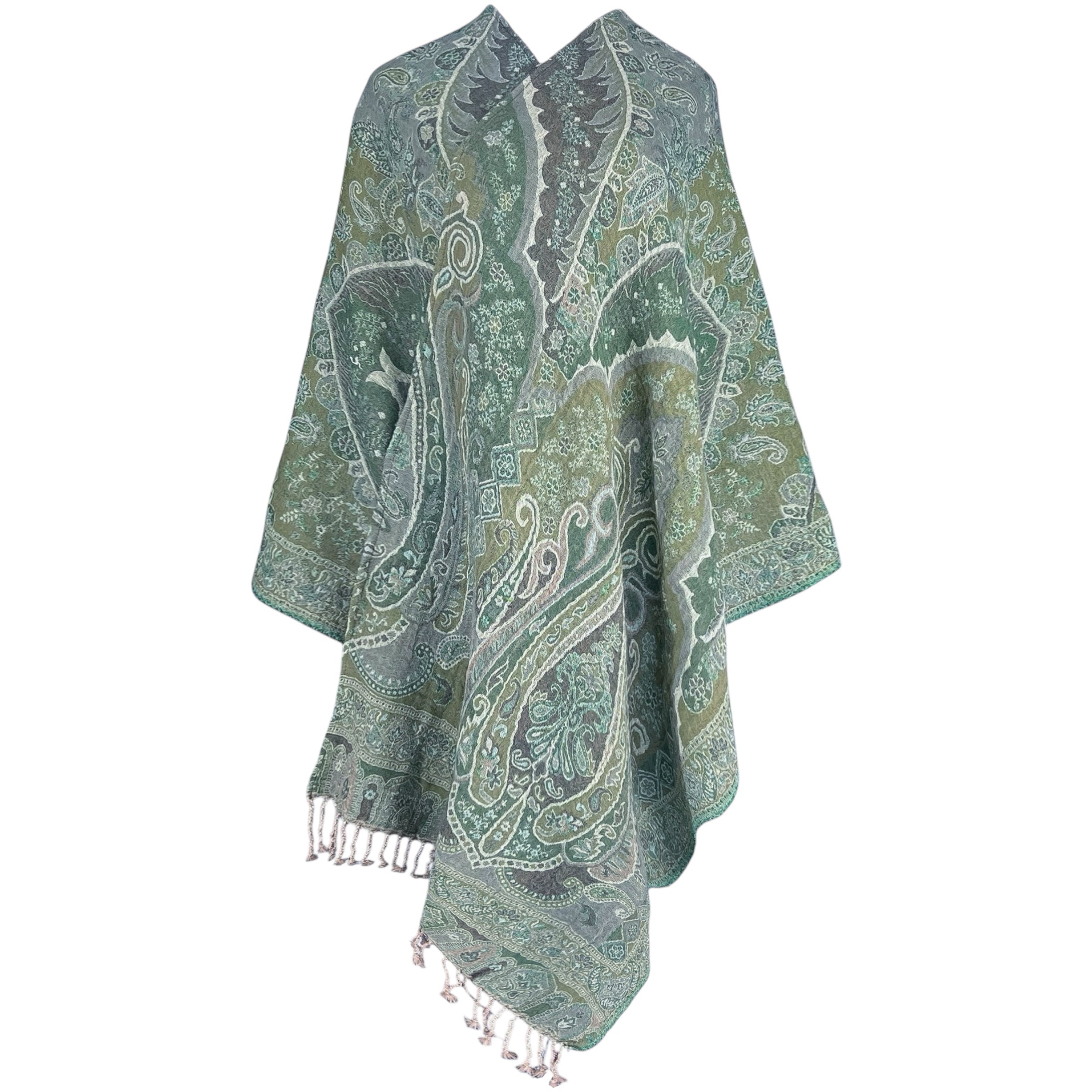 Hara Green Paisley Boiled Wool Poncho