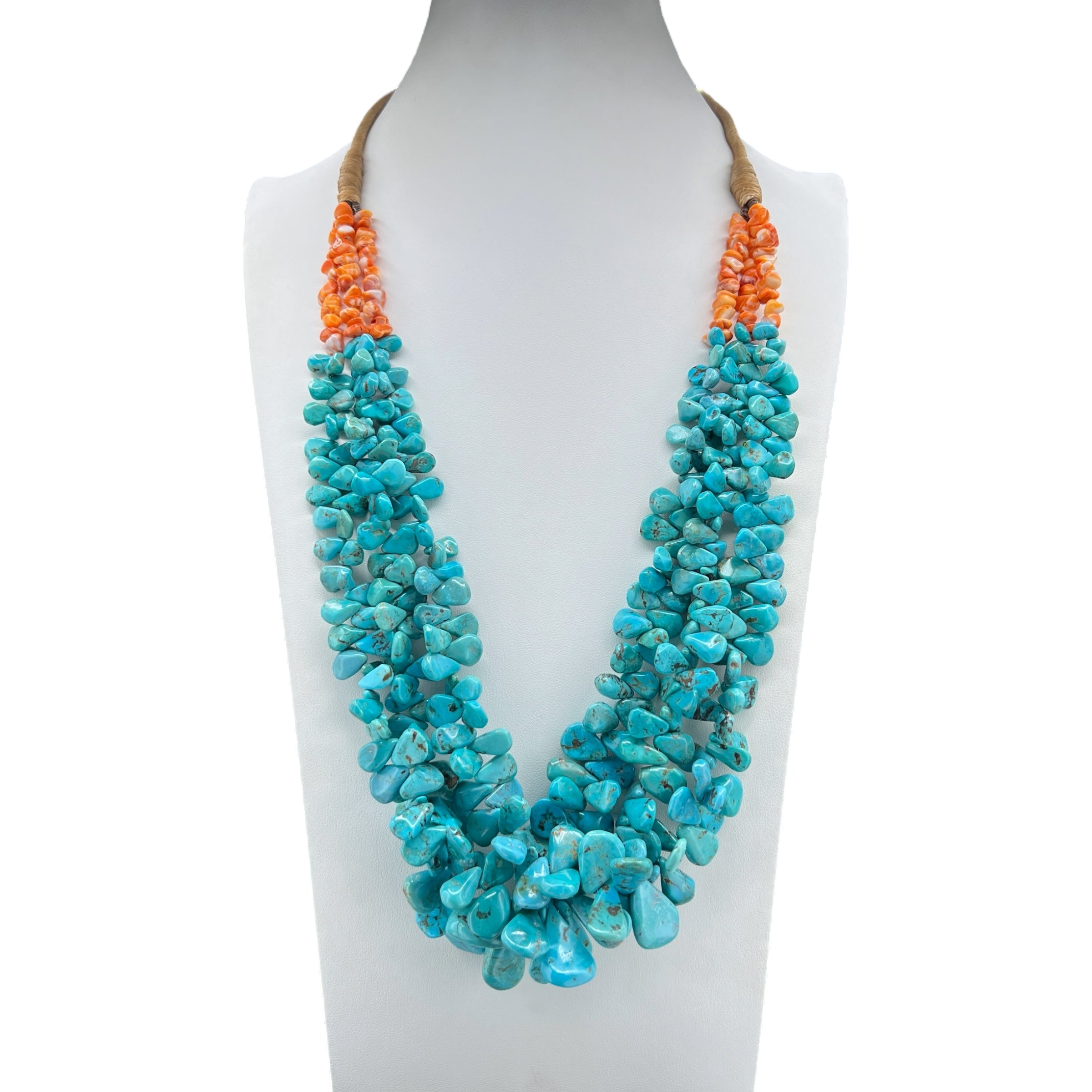 Kingman Turquoise and Spiny Oyster Three Strand Traditional Santo Domingo Necklace