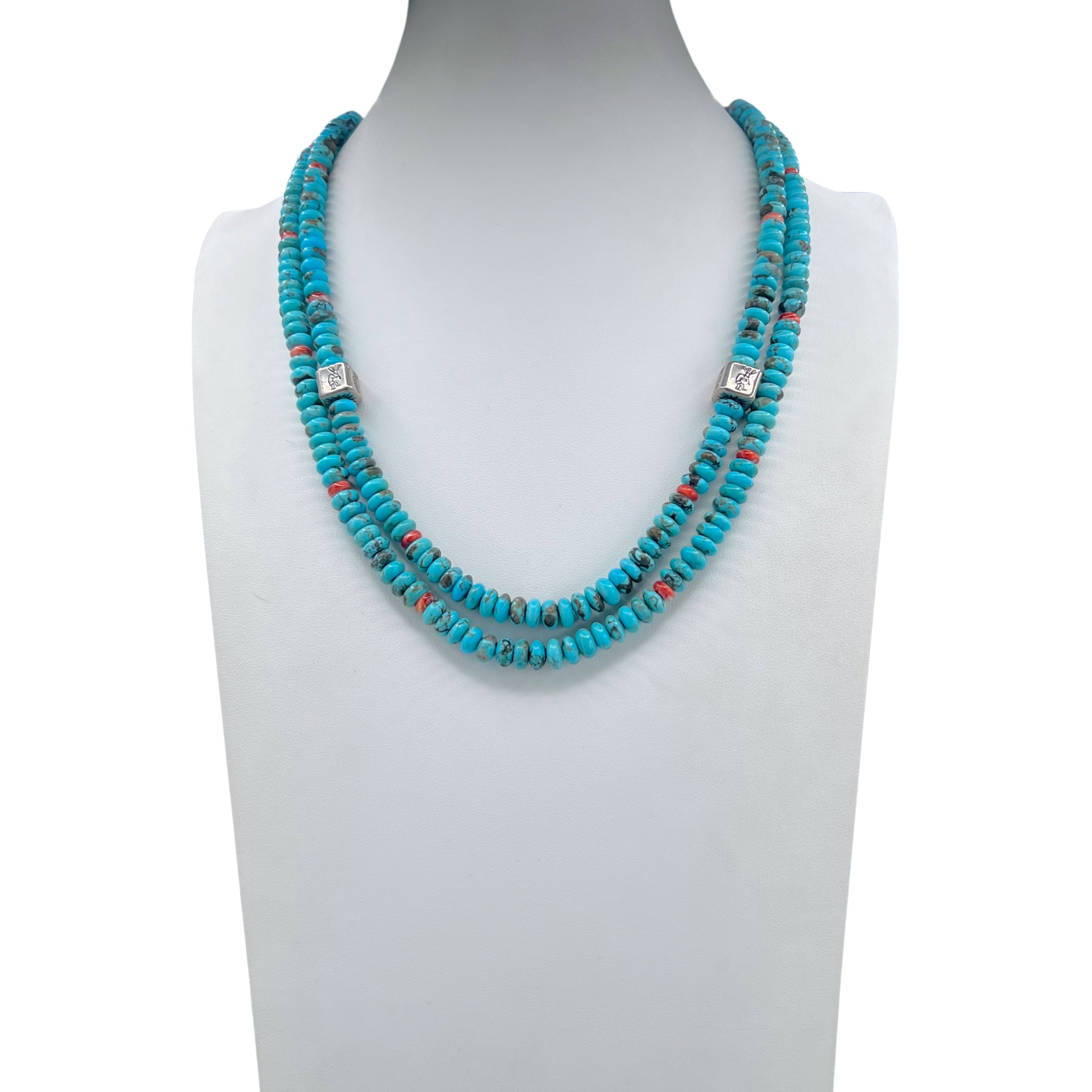 Rare Sleeping Beauty Turquoise Double Bib Necklace with Silver Kokopelli