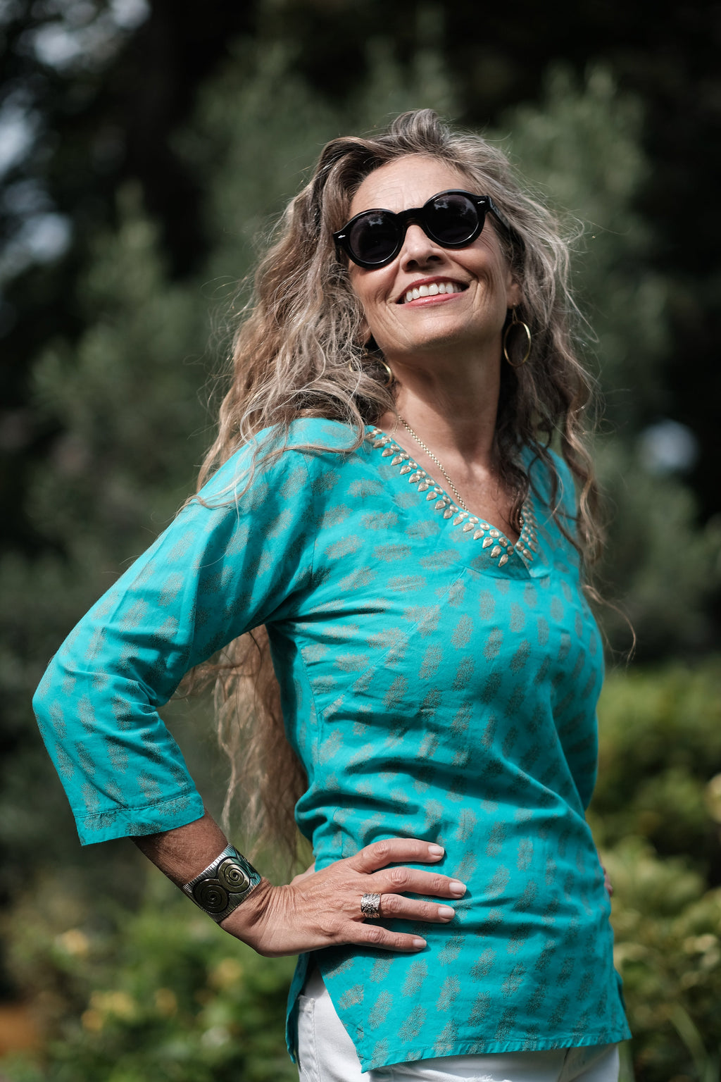 Sheba Turquoise Embroidered Metallic Blouse