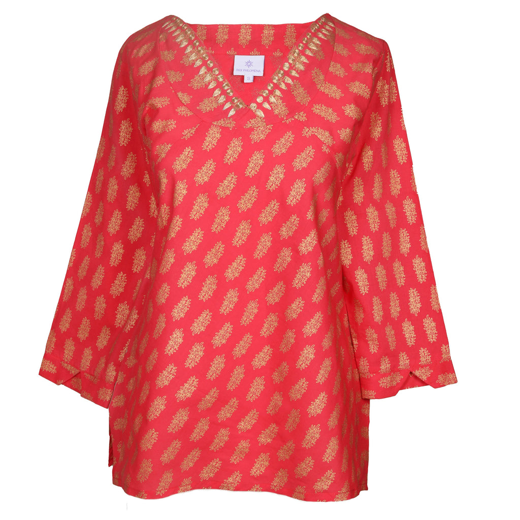 Sheba Coral  Embroidered Metallic Blouse