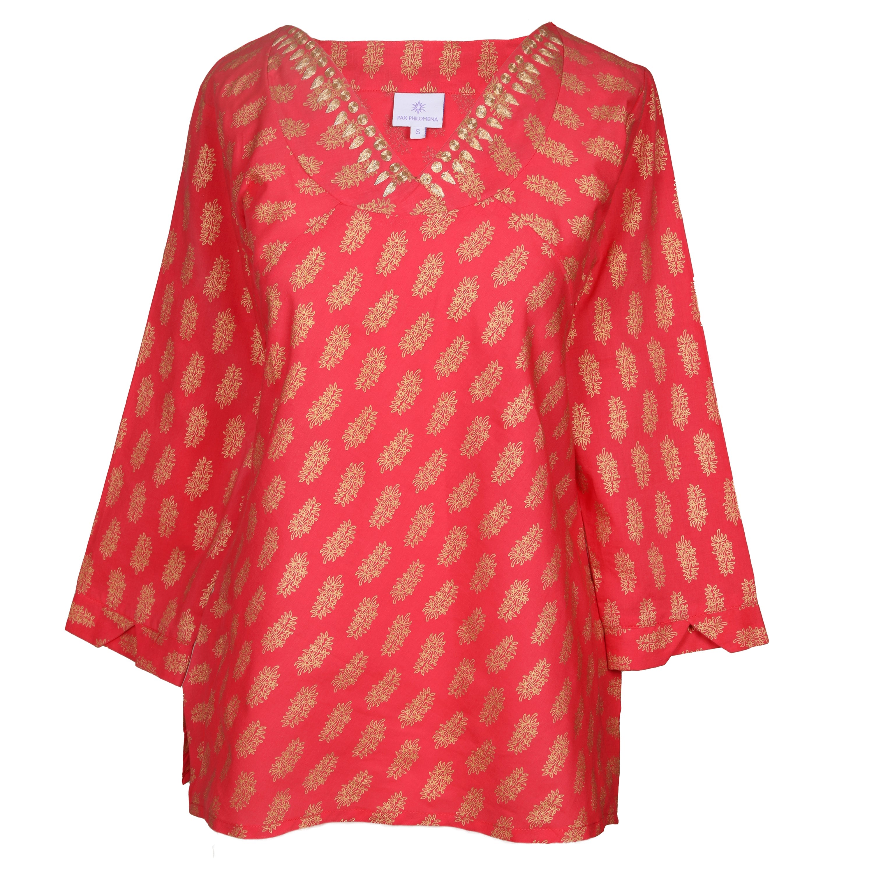 Sheba Coral  Embroidered Metallic Blouse